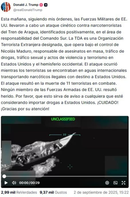 Barco destruído por Estados Unidos