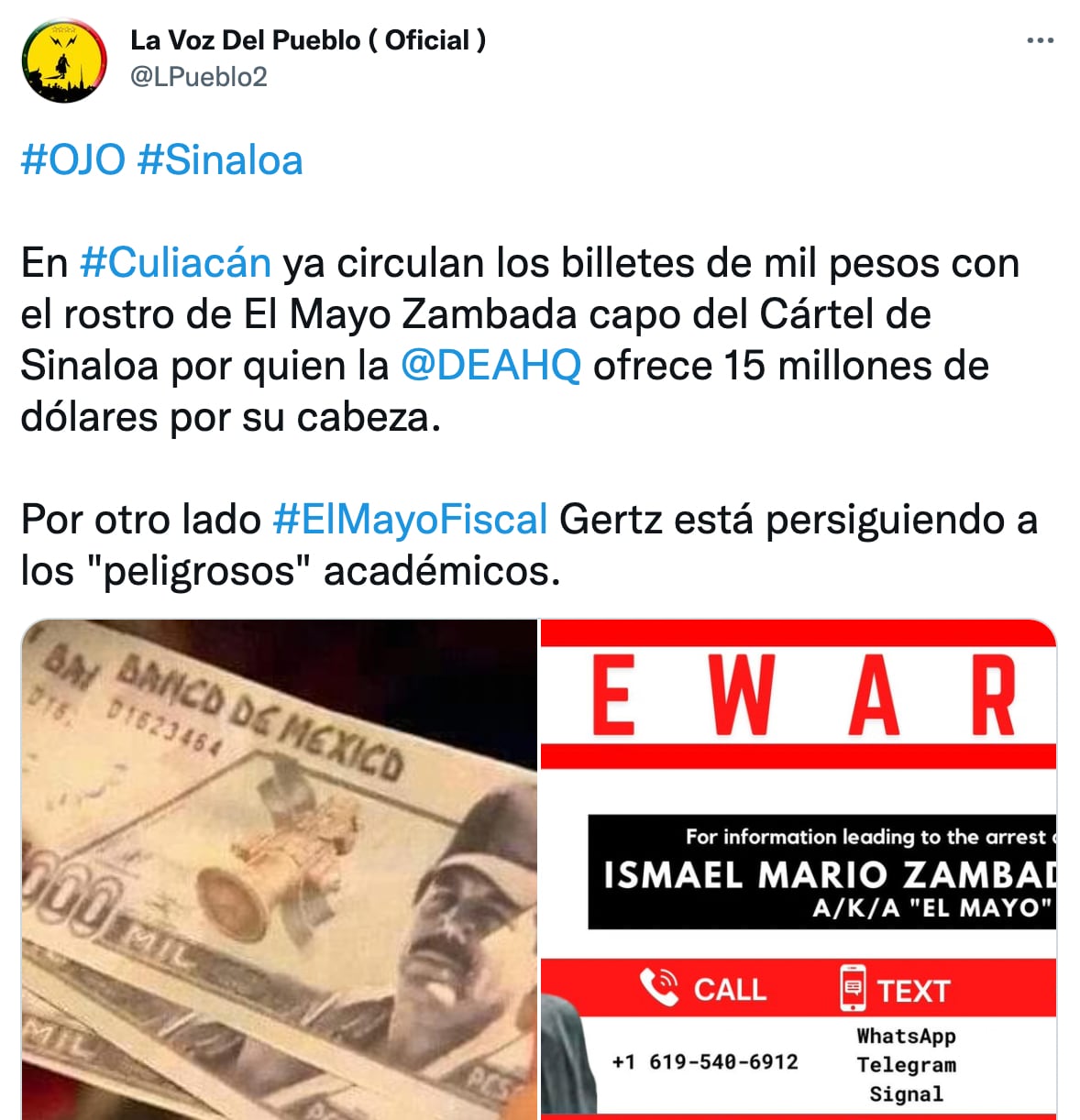Billete con la imagen del Mayo Zambada, en Culiacán