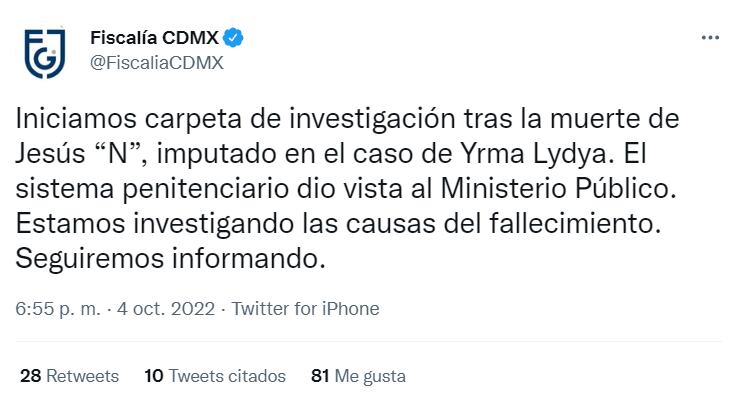 La Fiscalía de CDMX está investigando la muerte de Jesús Hernández Alcocer.