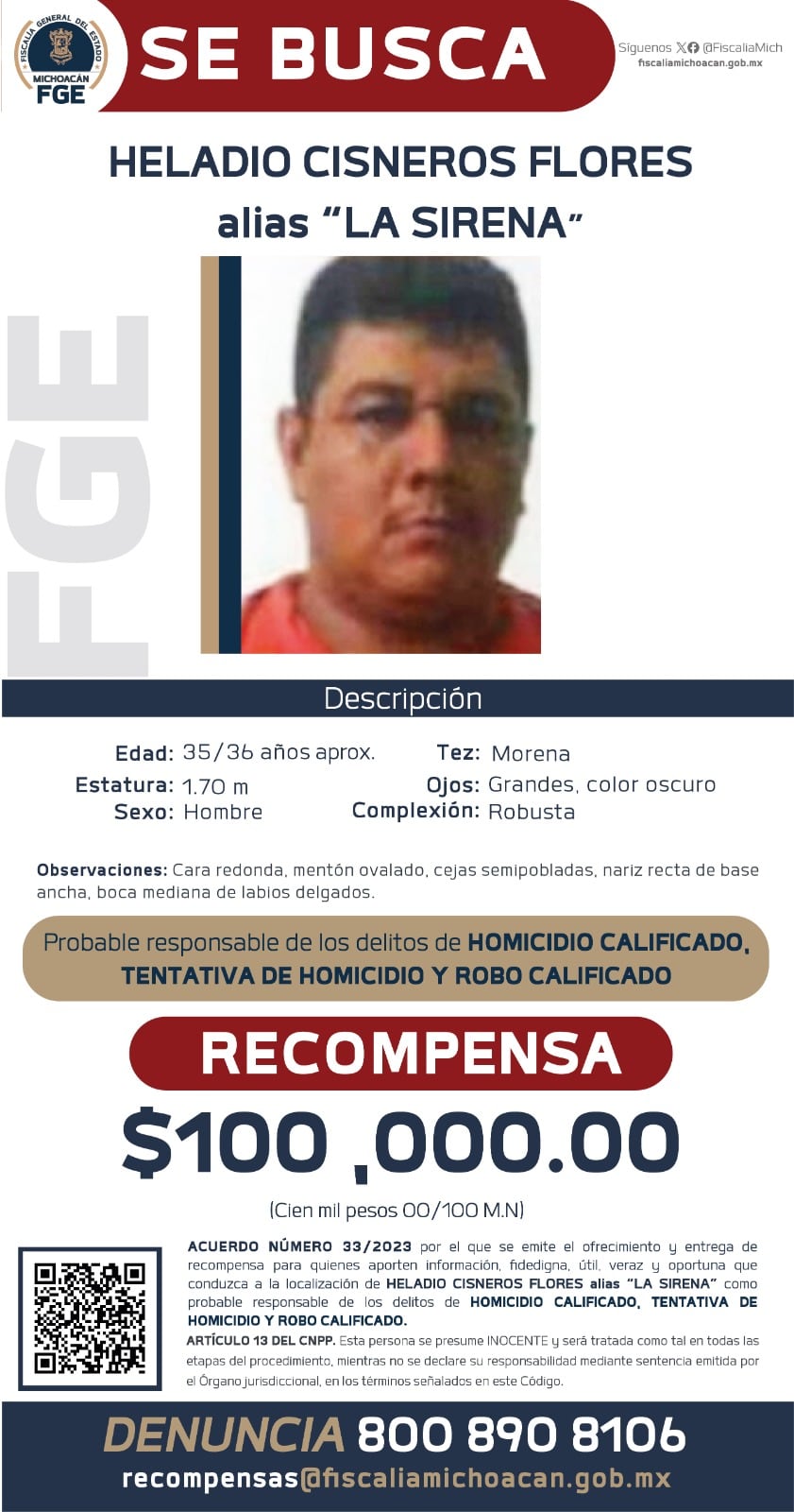 Fiscalía de Michoacán ofrece recompensa de 100 mil pesos para localizar a involucrados en el asesinato de Hipólito Mora