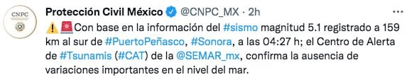 Tuit sobre sismo en Puerto Peñasco, Sonora