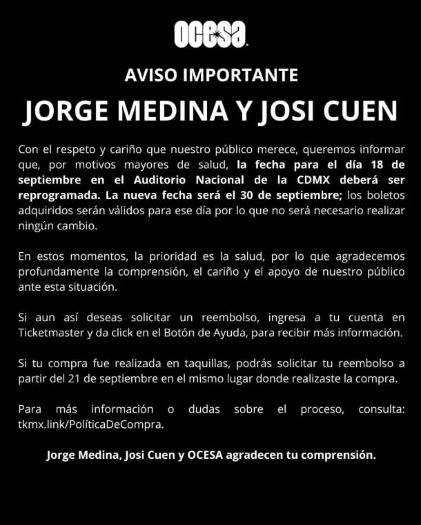 Jorge Medina y Josi Cuén posponen su concierto en el Auditorio Nacional el 18 de septiembre