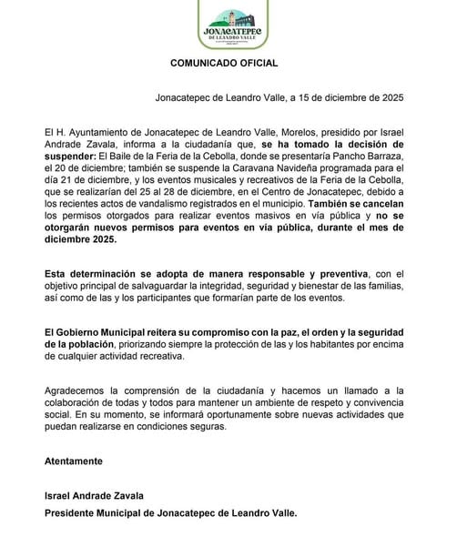 Suspenden la Feria de la Cebolla 2025 y eventos navideños en Morelos tras vandalismo