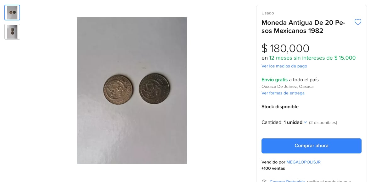 Venden moneda de 20 pesos en 180 mil