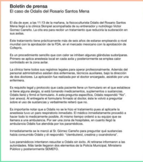Comunicado de la clínica 'Skin Piel', en donde murió Odalis Santos Mena.