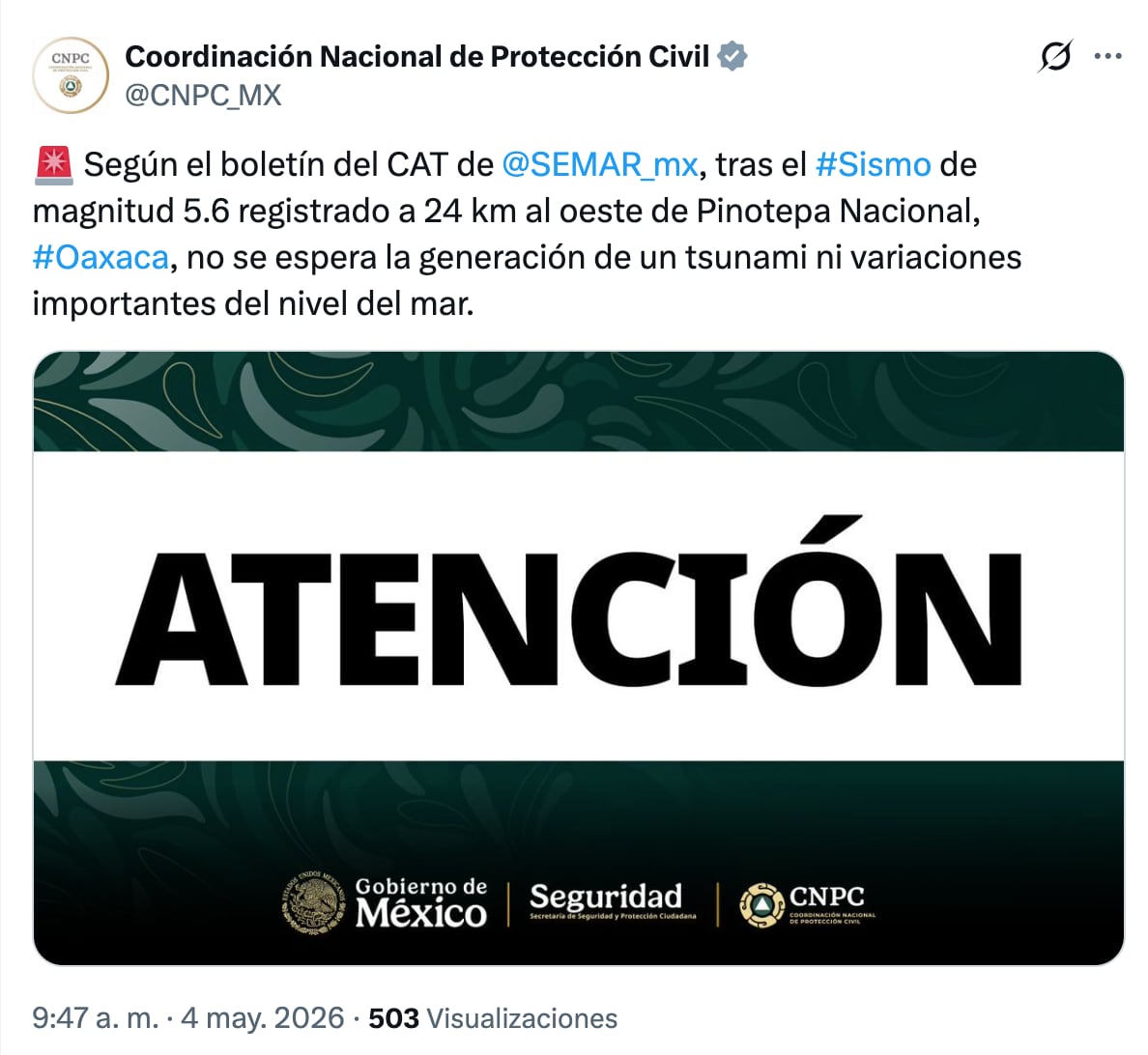 Pronunciamientos ante el sismo de 5.6 este 4 de mayo