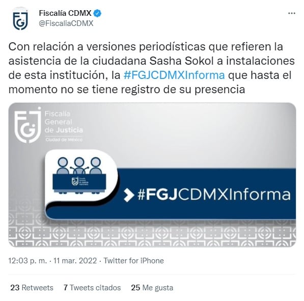 Fiscalía de la CDMX sobre Sasha Sokol