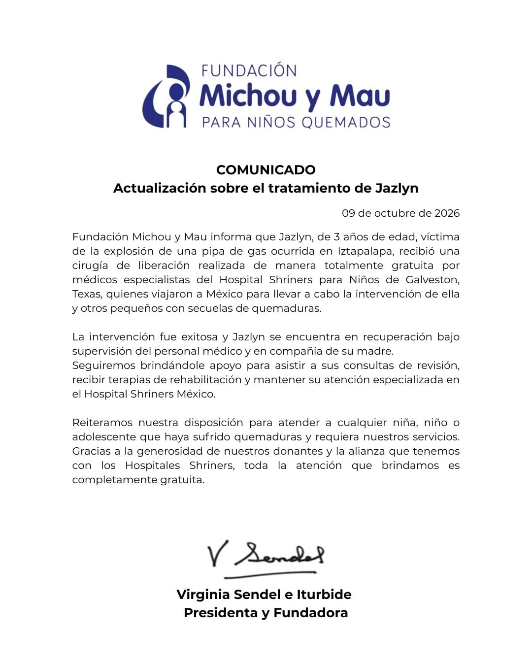 Comunicado de la fundación Michou y Mau sobre el apoyo a Jazlyn.
