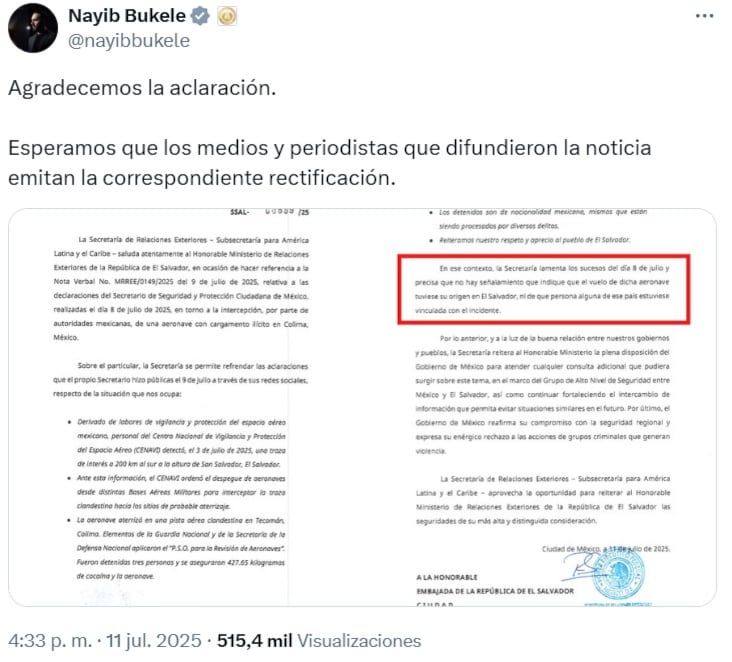 Nayib Bukele agradece aclaración de la SRE por narcovuelo en Colima