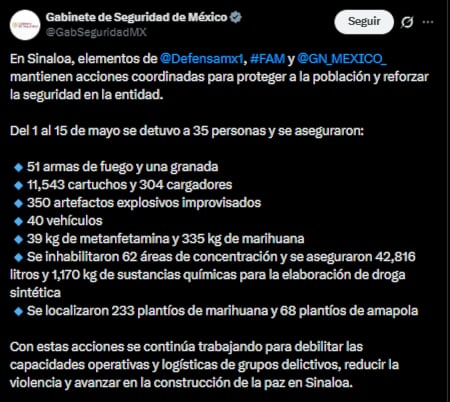 Gabinete de seguridad informa operativos en Sinaloa.