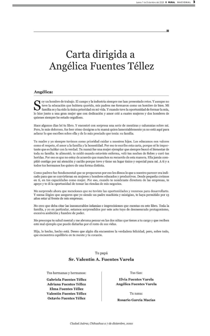 Carta a Angélica Fuentes