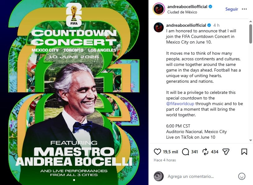 Andrea Bocelli cantará en el FIFA Countdown Concert previo al Mundial 2026