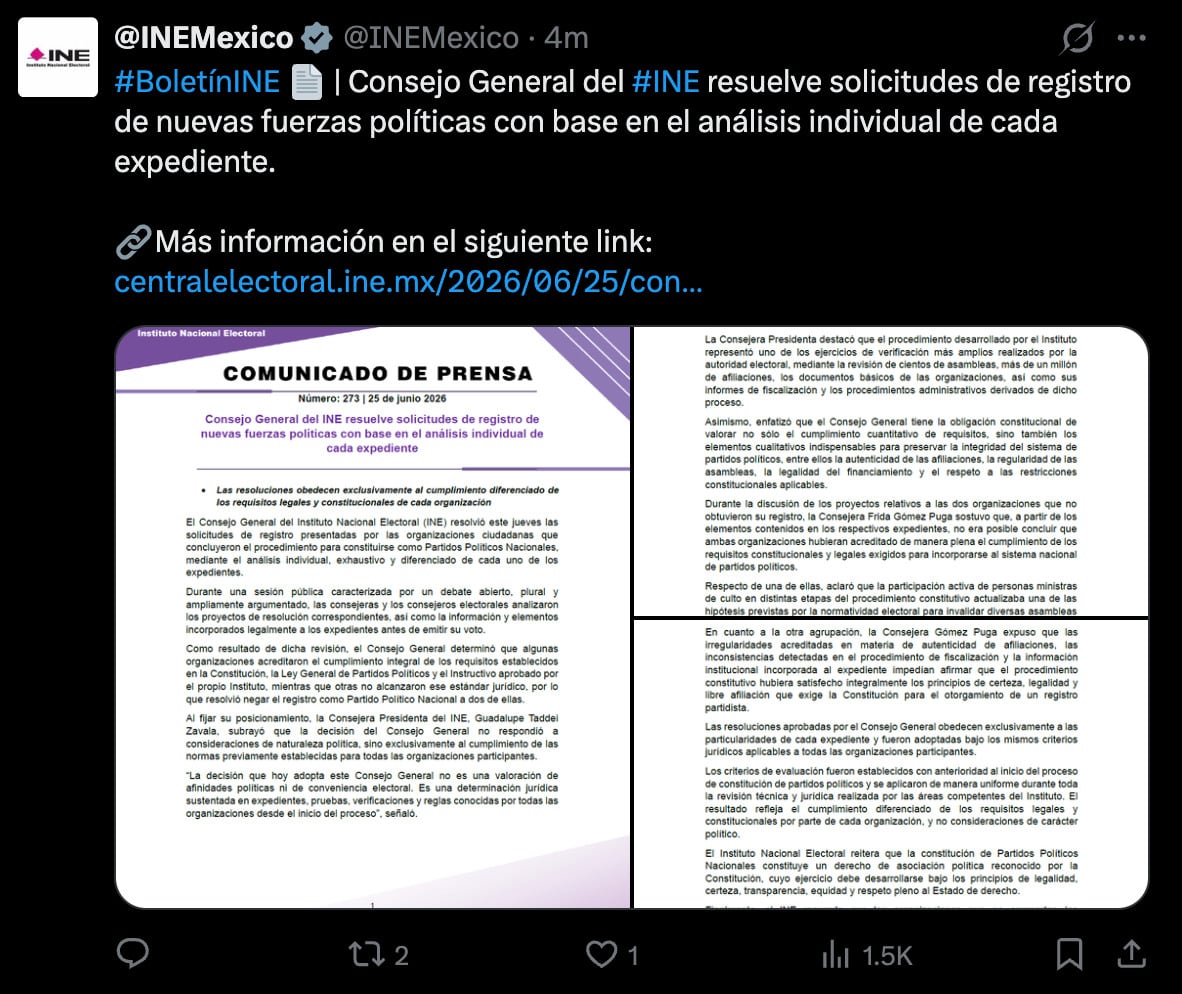 INE avala registro de Somos México y PAZ como nuevos partidos políticos