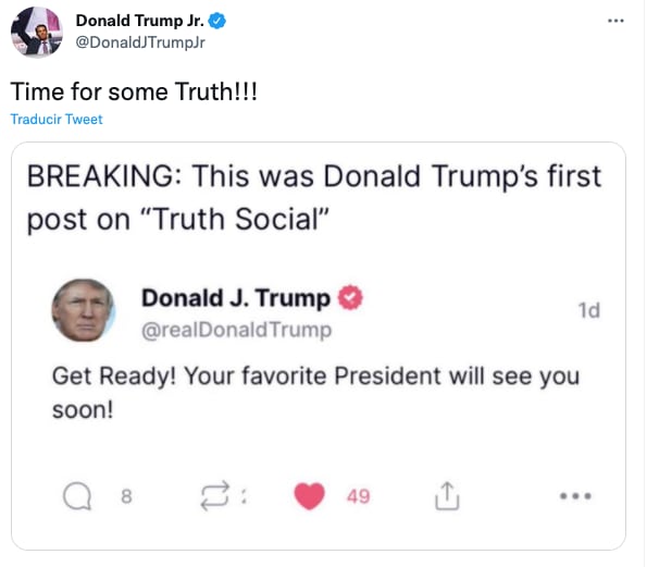 Donald Trump Jr comparte 'Truth', la nueva red social de su padre