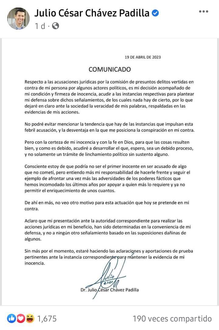 Julio César Chávez Padilla fue removido de su cargo.