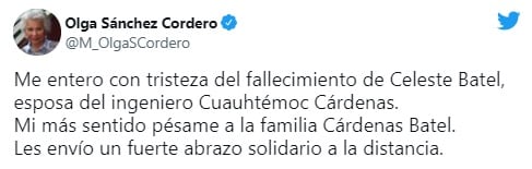Olga Sánchez Cordero lamenta muerte de Celeste Batel