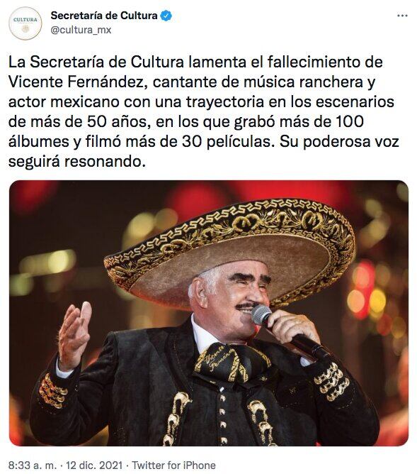 Tuit de condolencias por muerte de Vicente Fernández