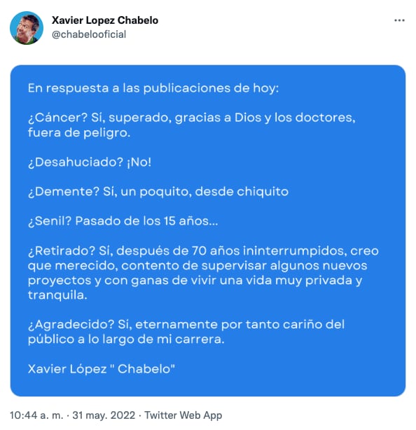 Tuit de Chabelo sobre su salud