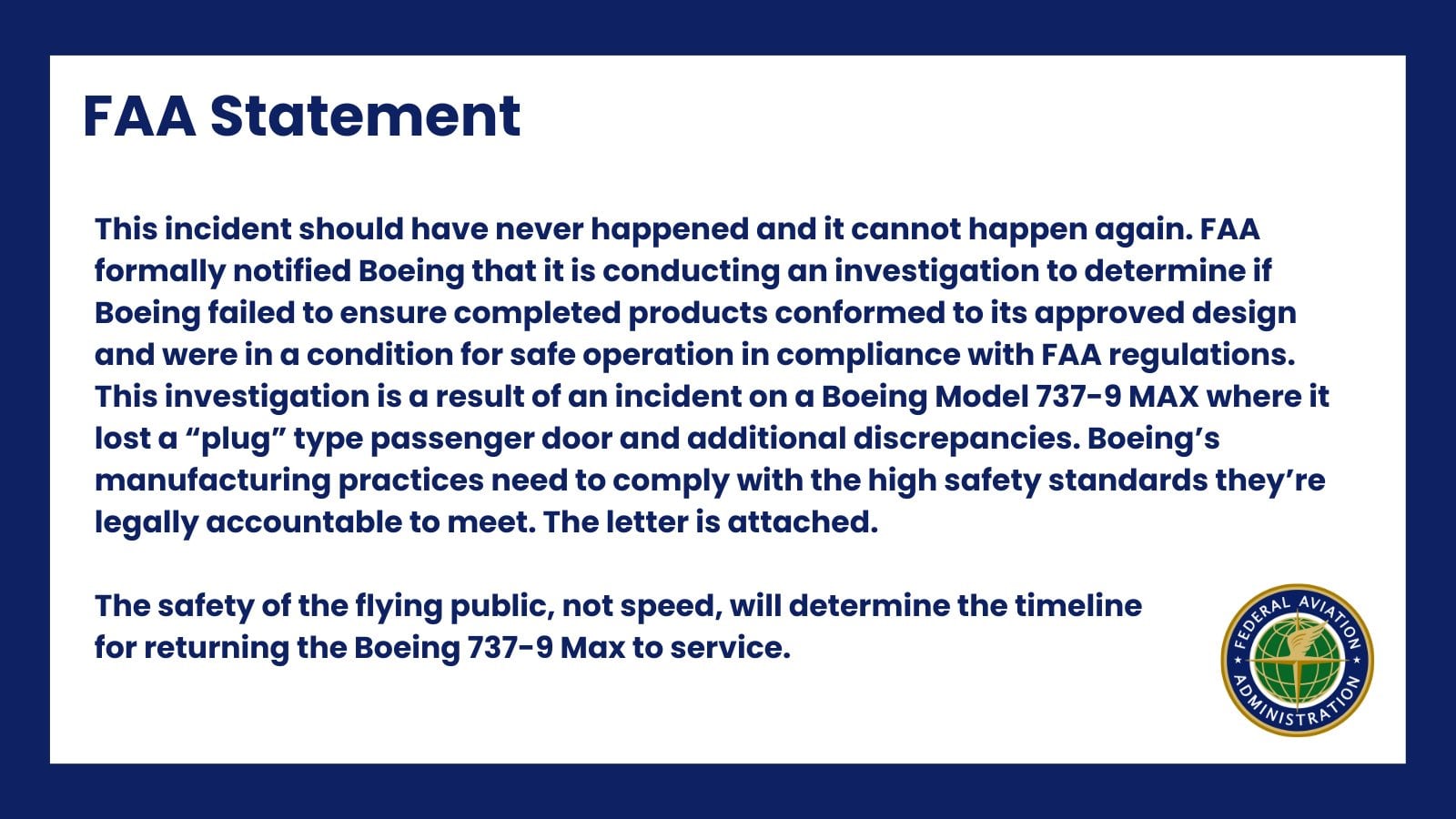 Comunicado de la FAA sobre el Boeing 737-9 Max