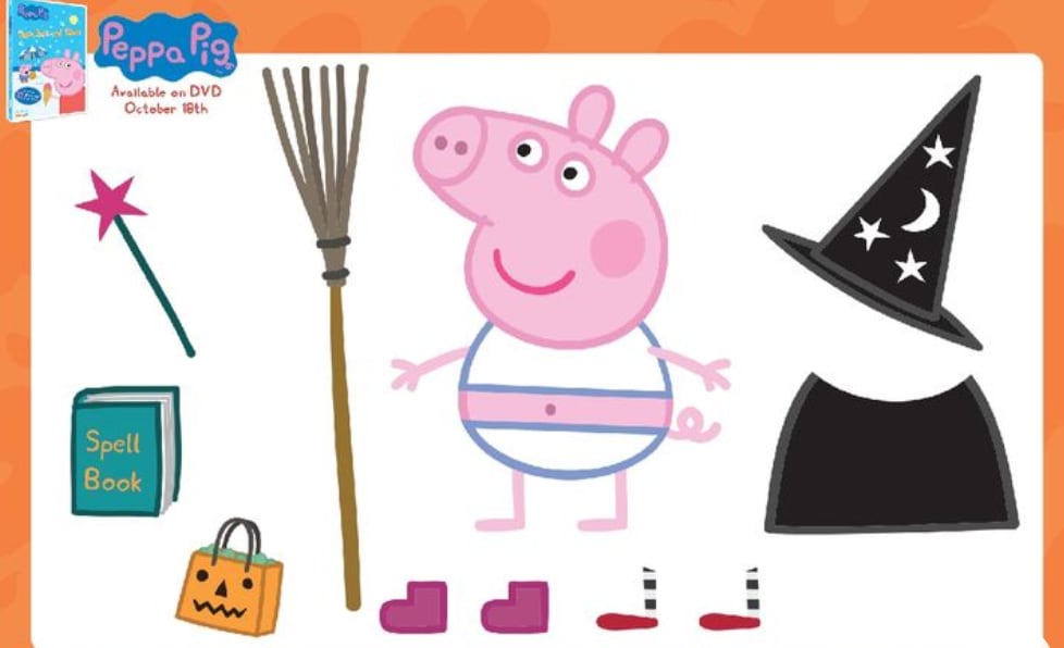 Peppa Pig para recortar y vestir con traje de bruja