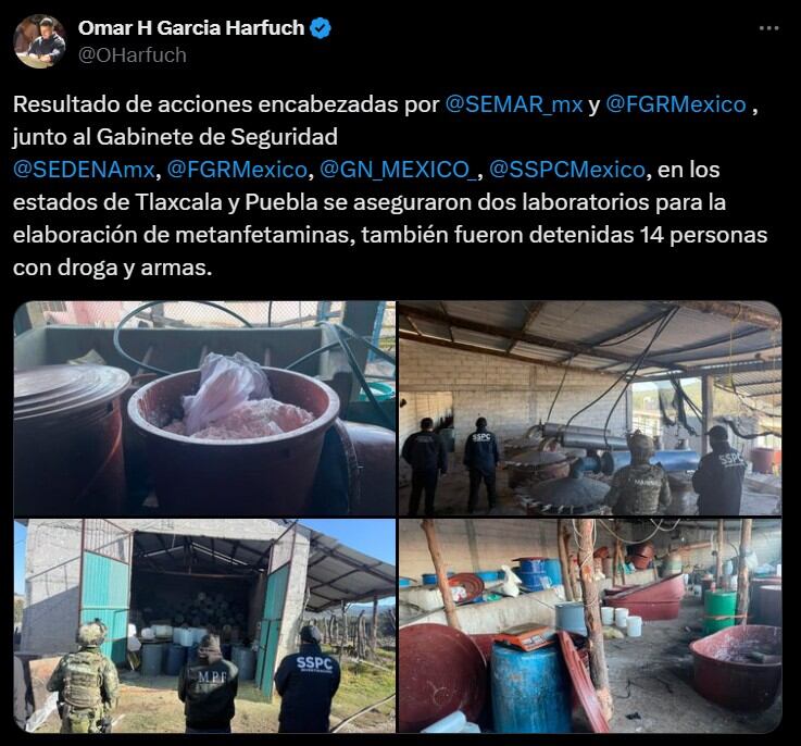 Omar García Harfuch operativo a laboratorios de metanfetamina en Tlaxcala y Puebla