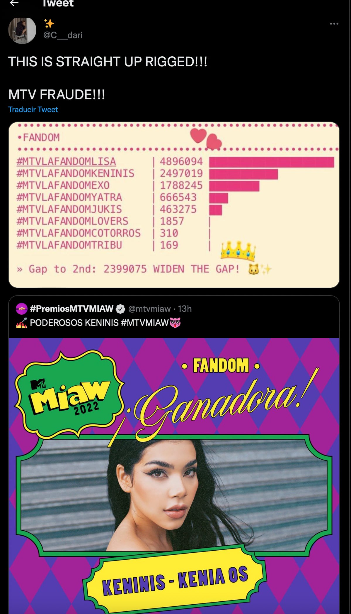 MTV Miaw 2022: Fans de Lisa de Blackpink acusan fraude a favor de Kenia Os