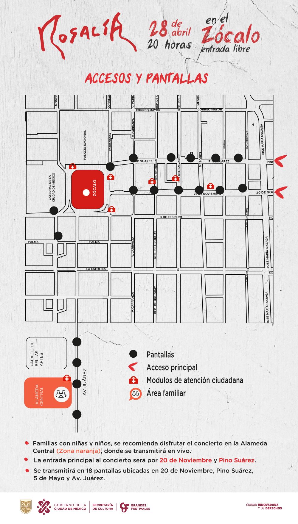 Accesos y Pantallas concierto Rosalía Zócalo CDMX