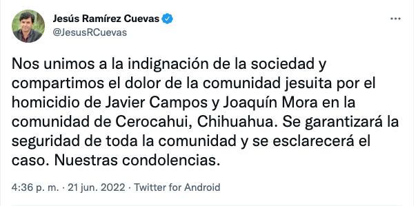 Gobierno de México lamenta asesinato de sacerdotes jesuitas en Cerocahui, Chihuahua