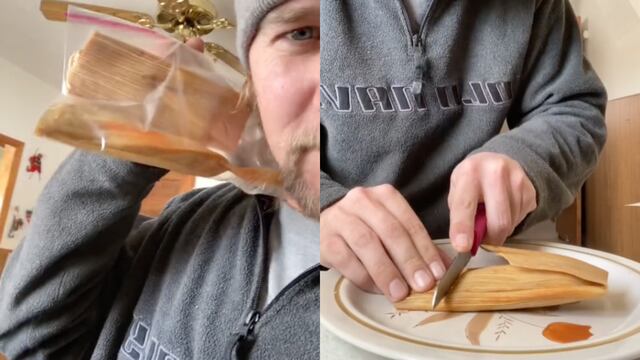 Prueba el tamal por primera vez y se olvida de quitarle la hoja