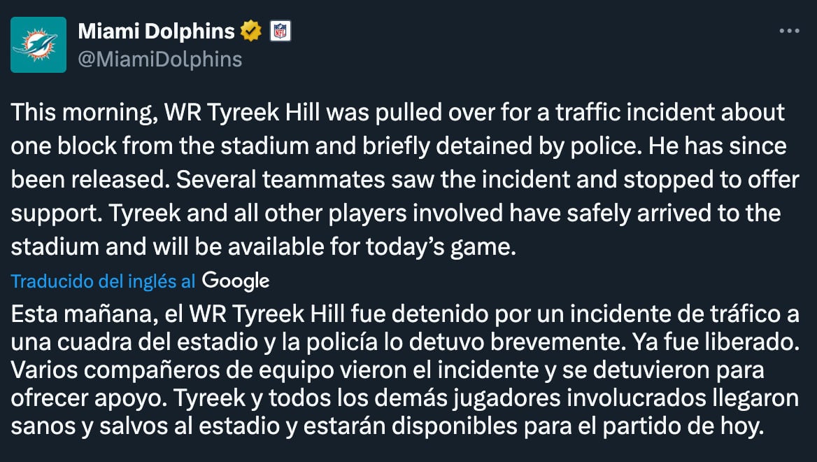 Comunicado de los Miami Dolphins sobre Tyreek Hill