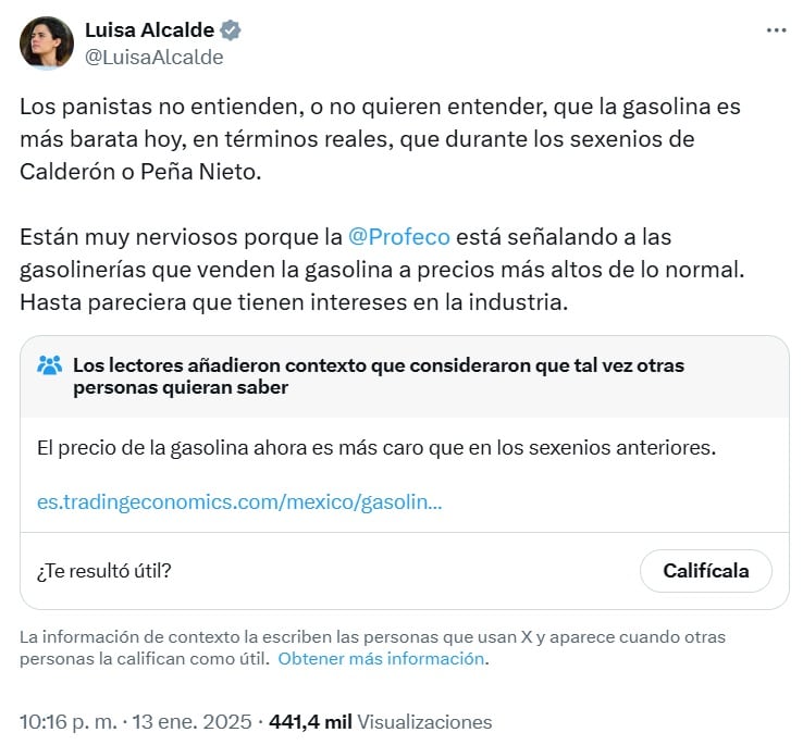 Luisa Alcalde defendió el precio de la gasolina en tiempos de la 4T pero en X le dieron contexto