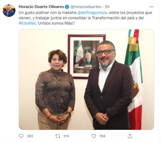 Horacio Duarte respalda a Delfina Gómez como candidata de Morena a la gubernatura del Estado de México y se reúne con ella