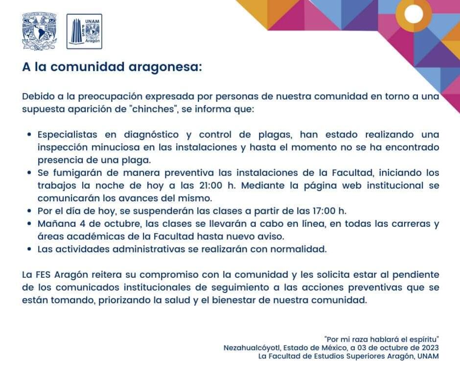 Chinches en la UNAM: Estas facultades no tendrán clases presenciales