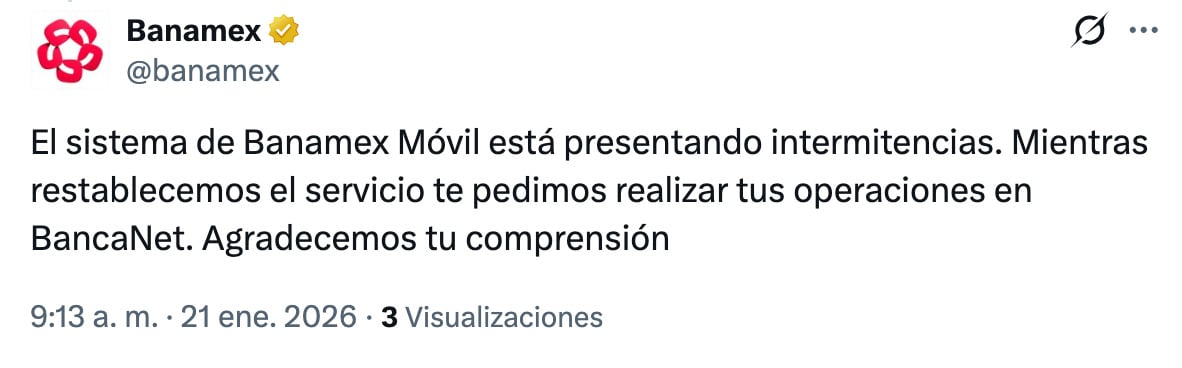 Se registra caída en la app de Banamex este 21 de enero