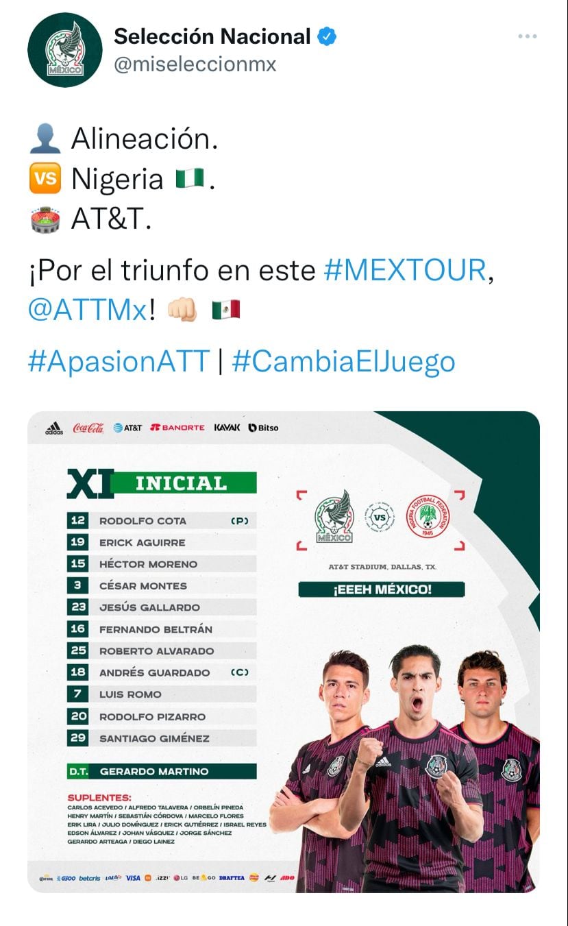 El once inicial con el que la Selección Mexicana enfrentará a Nigeria.