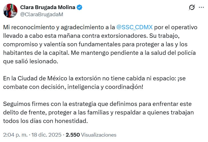 Clara Brugada felicita a elementos de la SSC por operativo contra extorsión en la alcaldía Cuauhtémoc