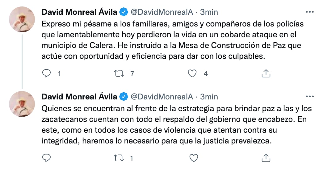 David Monreal, gobernador de Zacatecas lamenta la muerte de 6 policías en Calera