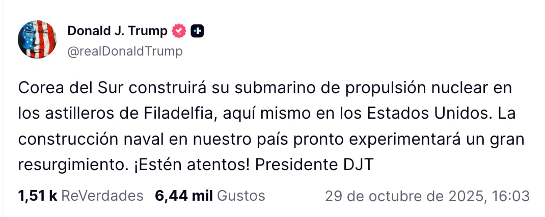 Donal Trump presume la construcción de un submarino de Corea del Sur en Estados Unidos