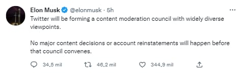 Post de Elon Musk respecto a los cambios en Twitter