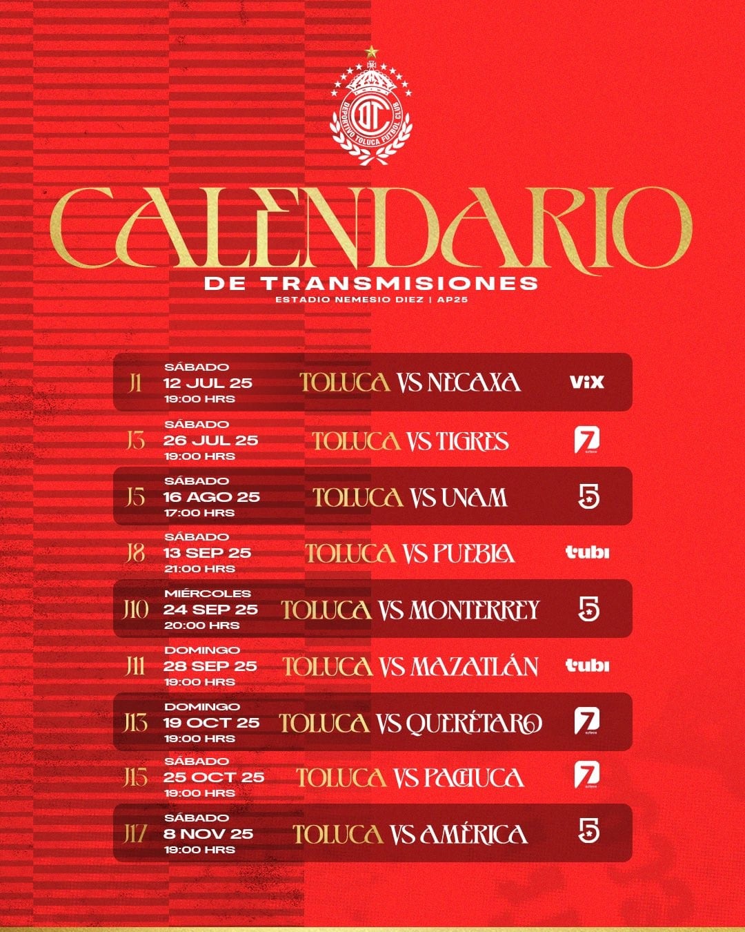 Calendario de transmisiones de Toluca