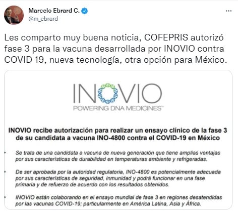 Marcelo Ebrard sobre vacuna Inovio