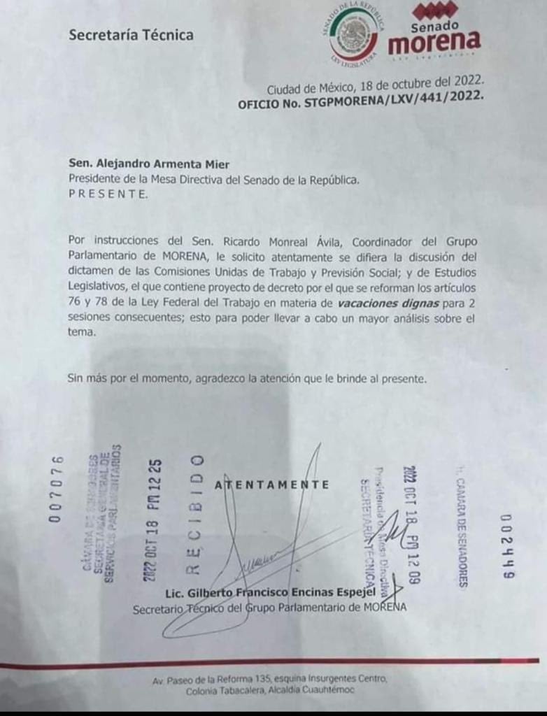 Documento donde Ricardo Monreal habría pedido aplazar discusión de vacaciones