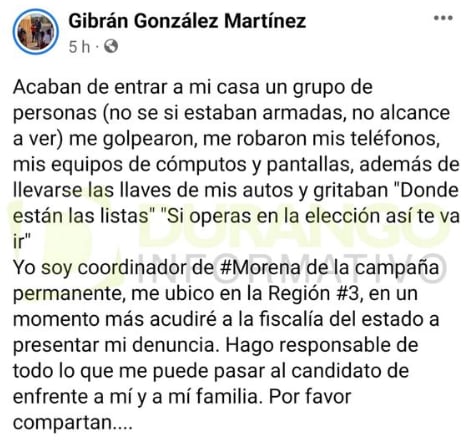 Amenaza a morenista de Durango