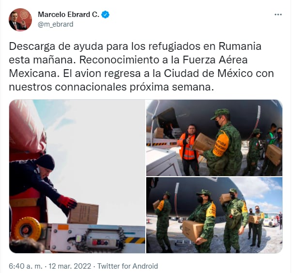 Tuit de Marcelo Ebrard sobre la ayuda humanitaria enviada por México a los campamentos de refugiados de Ucrania