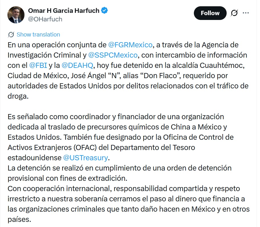 Harfuch confirma captura de “Don Flaco” con fines de extradición a Estados Unidos