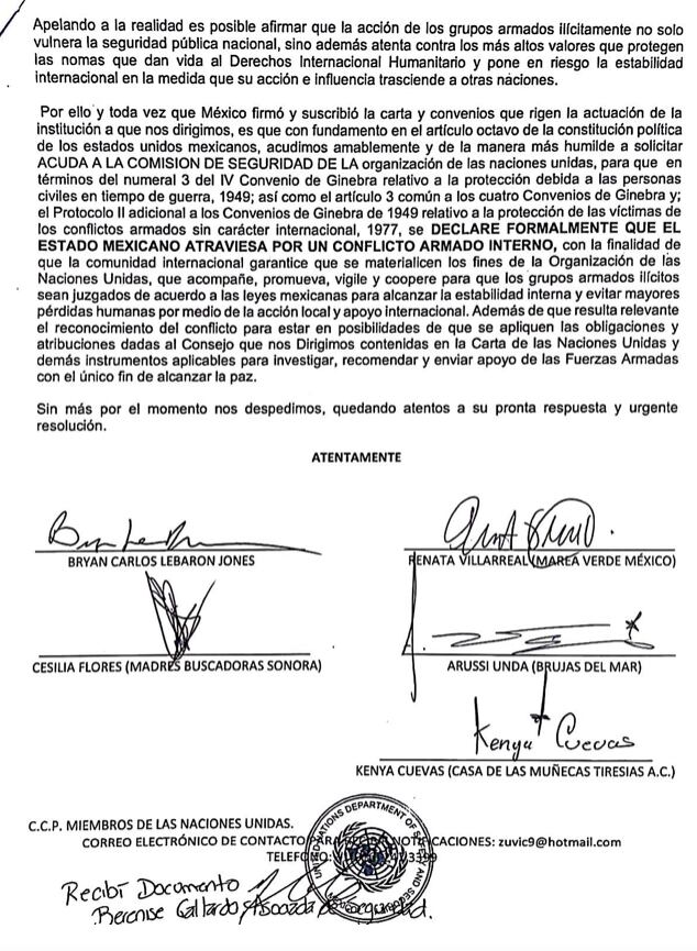 Carta de organizaciones mexicanas a la ONU para que se reconozca que México atraviesa una guerra interna