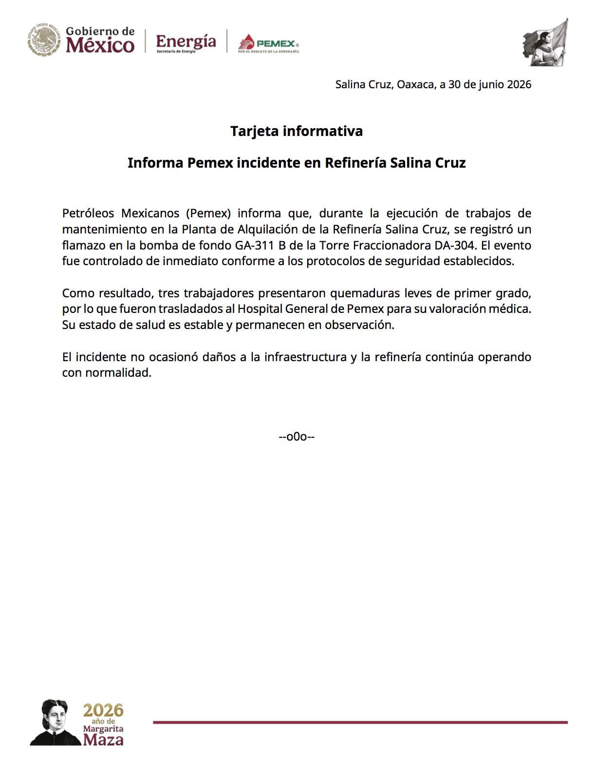 Pemex reporta 3 trabajadores lesionados por flamazo en la Refinería de Salina Cruz
