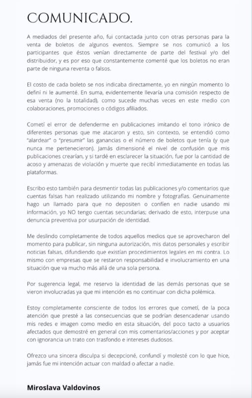 Comunicado de Miroslava Valdovinos