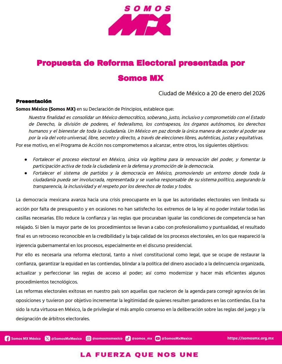 Somos México expone los ejes de su propuesta de reforma electoral