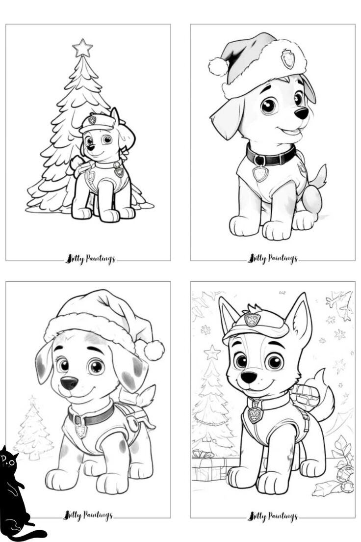 Dibujos de Paw Patrol con un árbol de Navidad para colorear